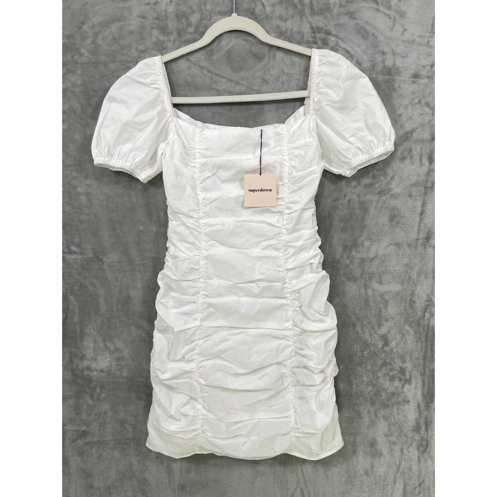 Revolve Superdown‎ Size S White Rumor Ruched Puff Sleeves Mini Dress Cotton NWT